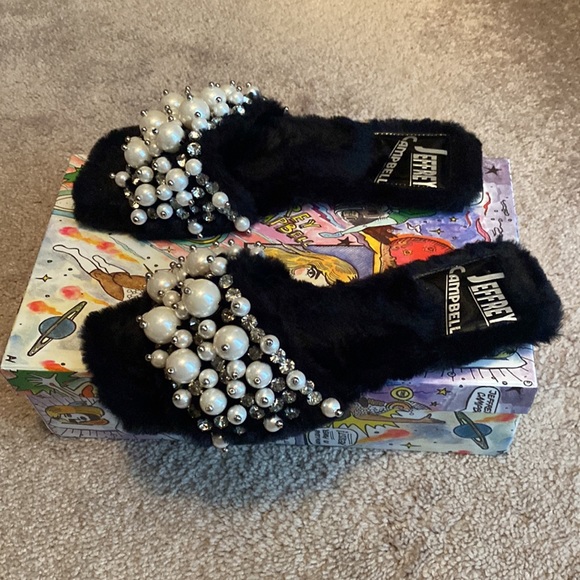 Open Toe Faux Fur Jeffery Campbell Slides with Faux Pearl and Crystal Detail ! - Picture 4 of 8